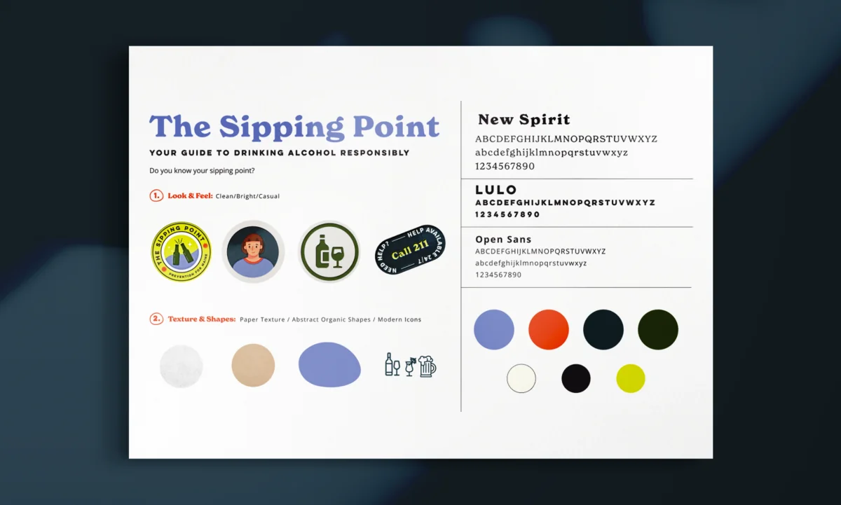 The Sipping Point brand style guide showing typography, colors, and design elements
